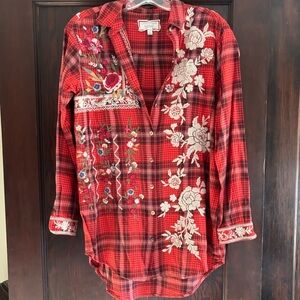 Johnny Was Red Plaid Embroidered Flannel High/Low Tunic